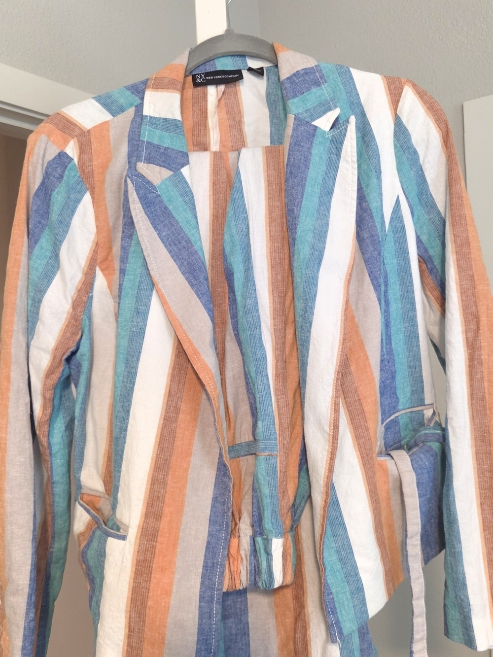 New York & Company Striped Open-Front Blazer Suit Set in Orange, Teal & Blue